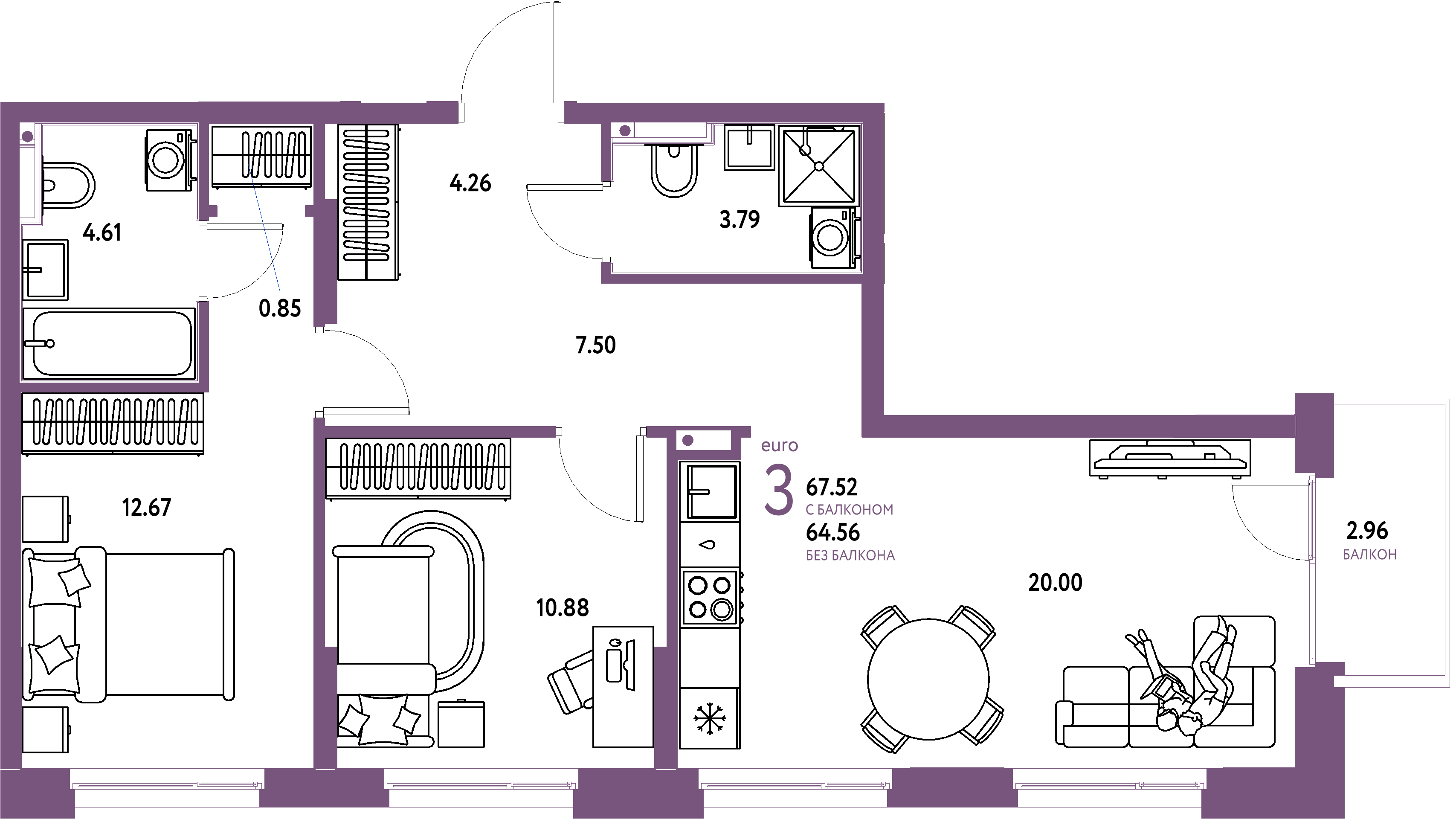 Планировка: Евротрёшка 67,24 м² в ЖК «Домашний»