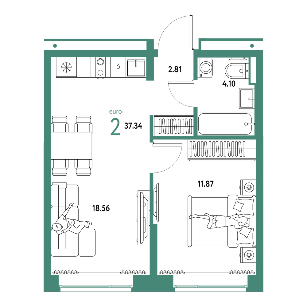 Планировка: Евродвушка 37,34 м²