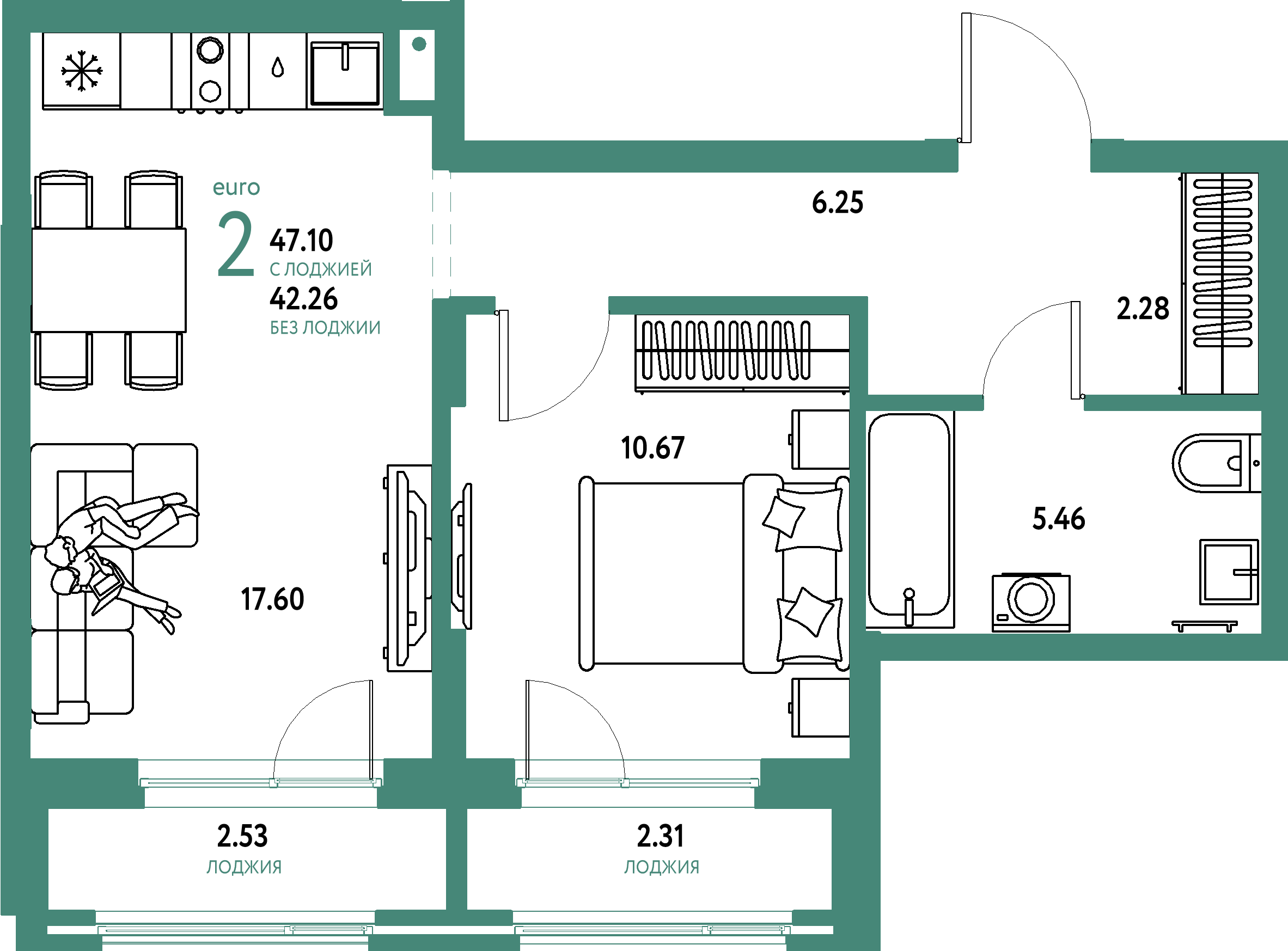Планировка: Евродвушка 47,1 м² в ЖК «Домашний»