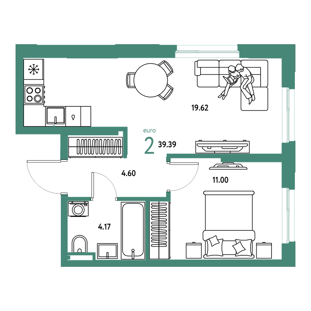Планировка: Евродвушка 39,39 м²