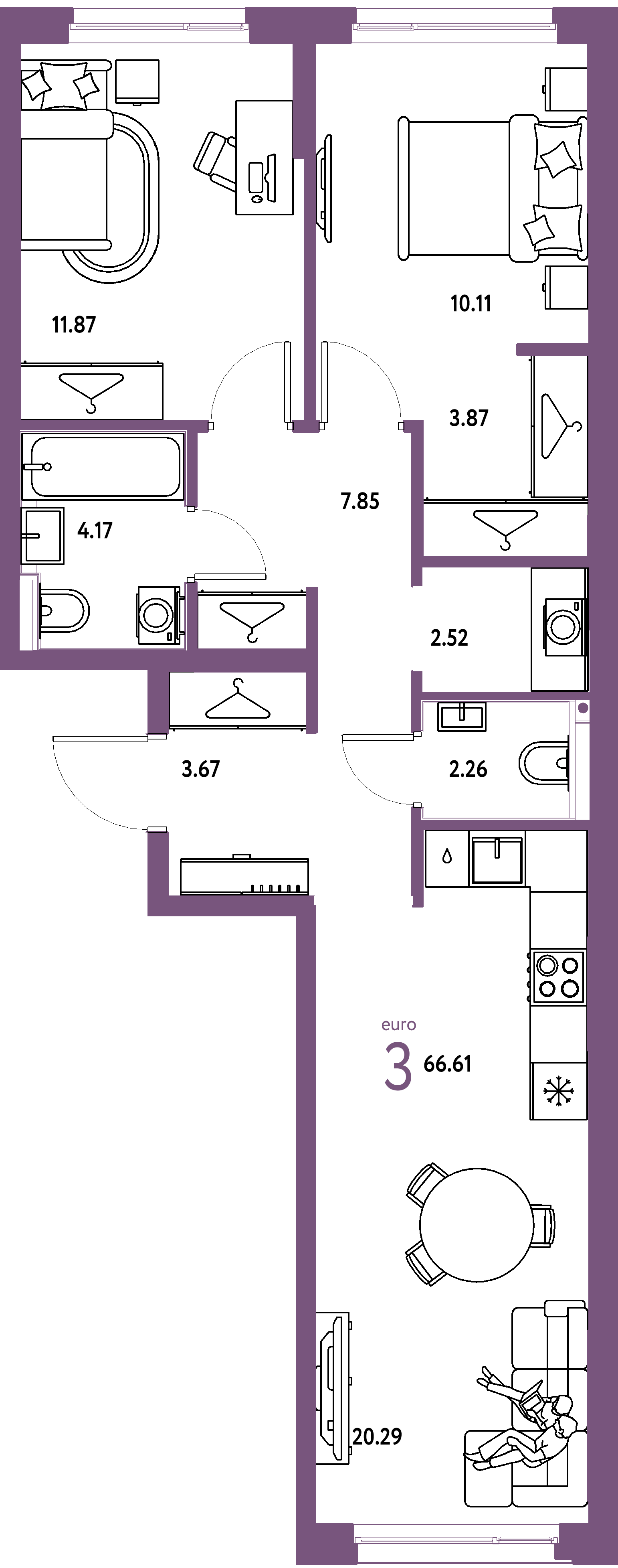 Планировка: Евротрёшка 66,61 м² в ЖК «Страна.Прибрежная»