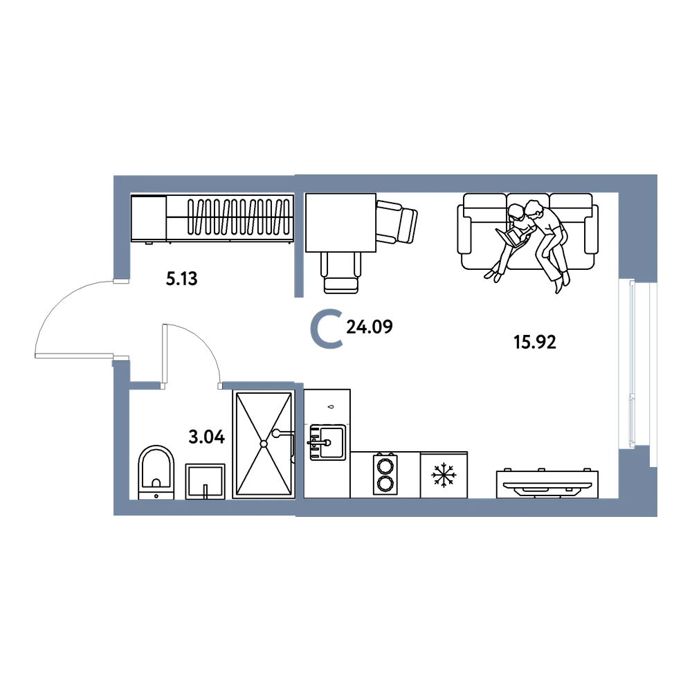 Планировка: Студия 24,09 м²