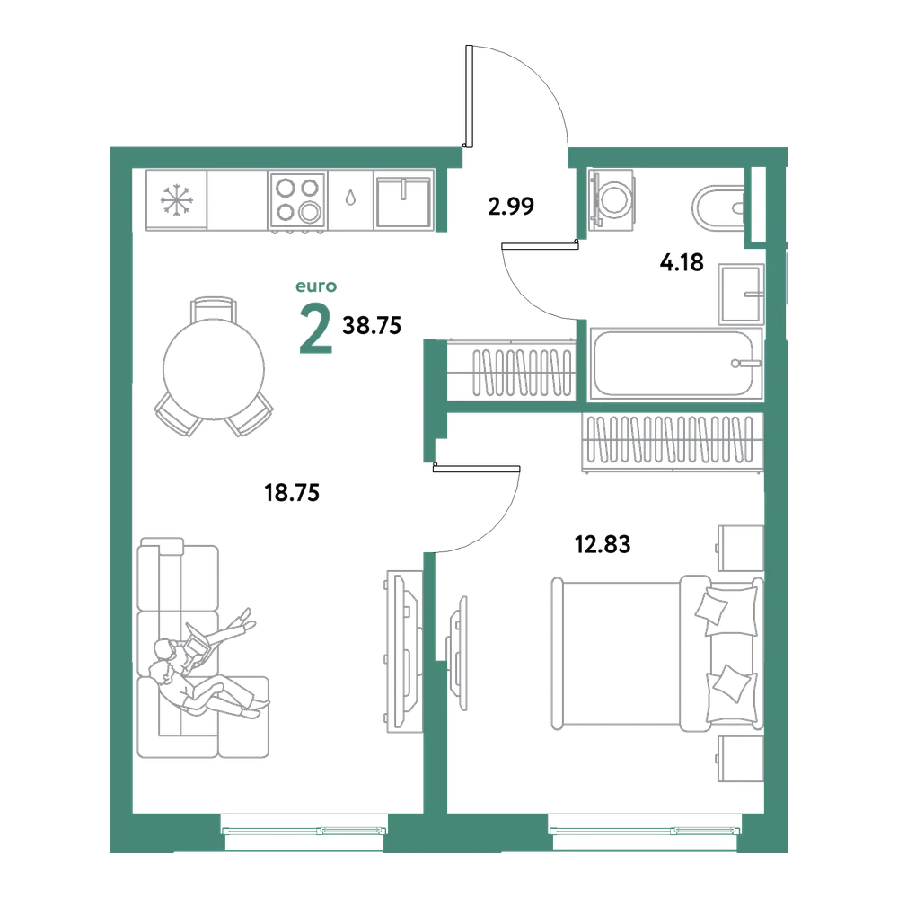 Планировка: Евродвушка 38,75 м²