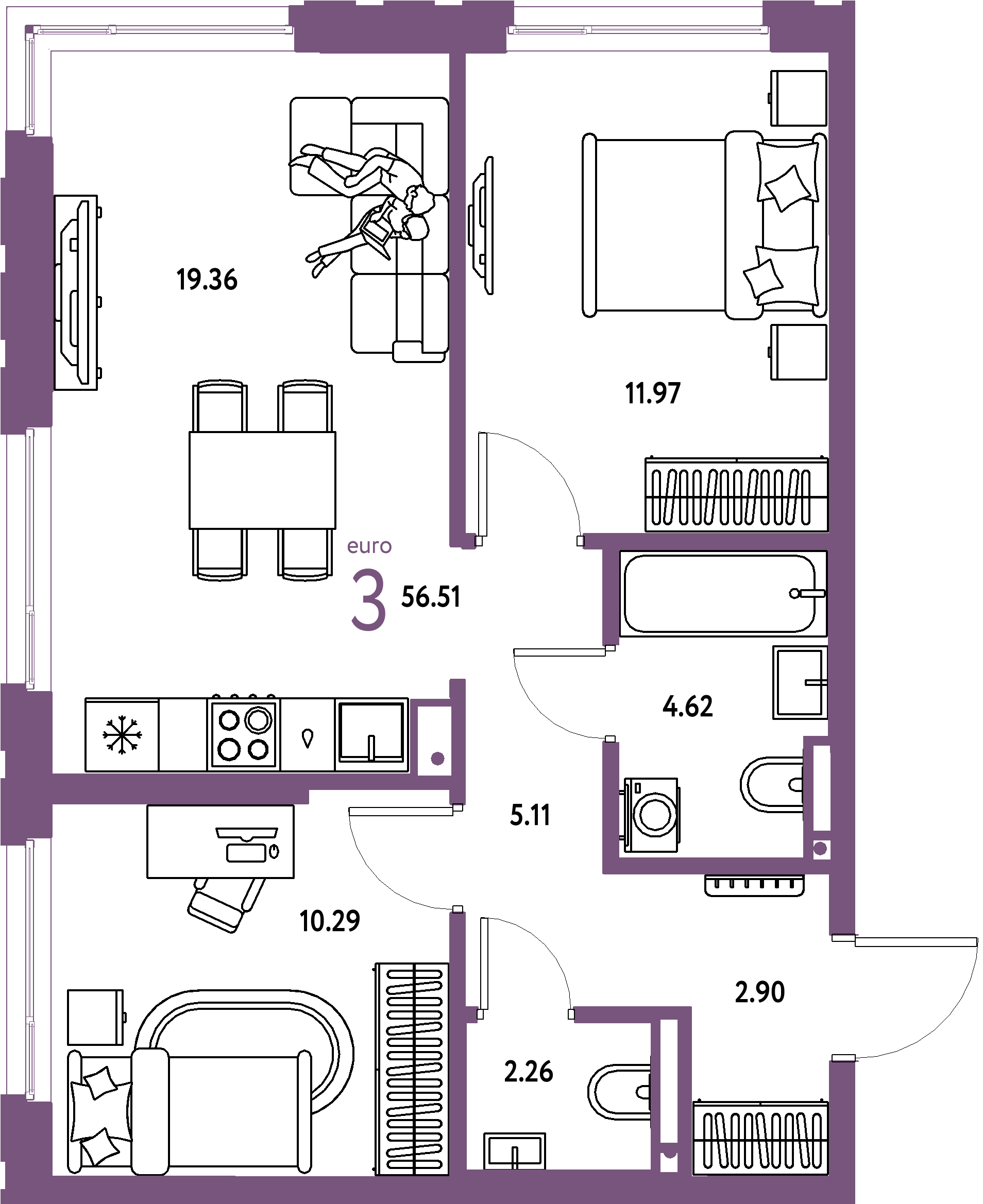 Планировка: Евротрёшка 56,51 м² в ЖК «Страна.Прибрежная»