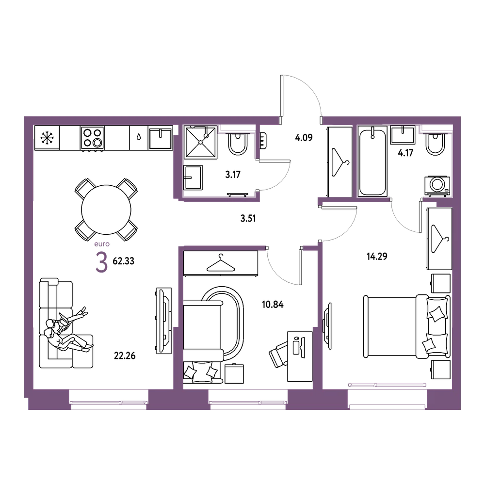 Планировка: Евротрёшка 62,33 м²