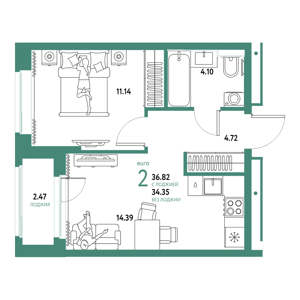 Планировка: Евродвушка 36,82 м²