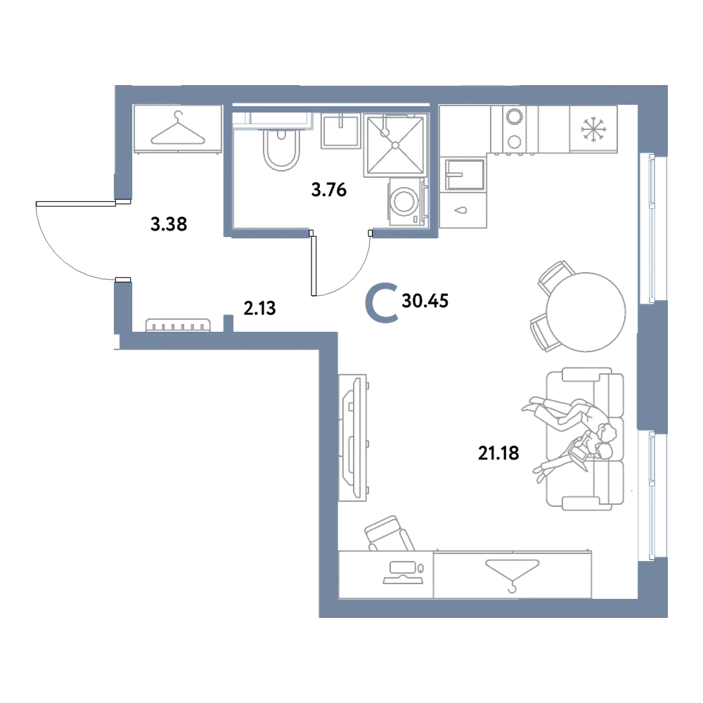 Планировка: Студия 30,45 м²