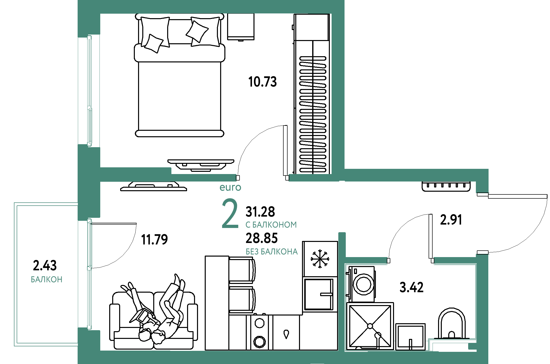 Планировка: Евродвушка 31,28 м² в ЖК «Сердце Сибири»