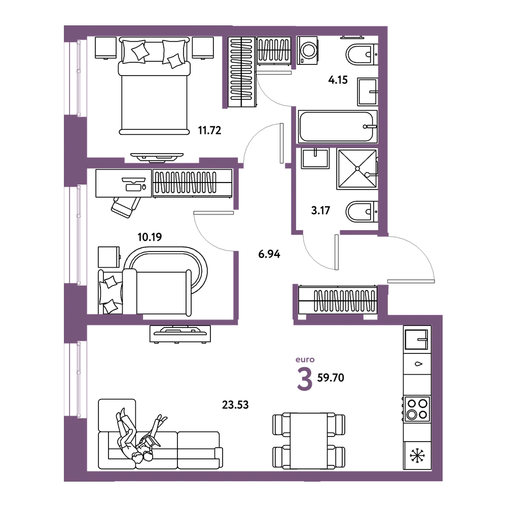 Планировка: Евротрёшка 59,7 м²