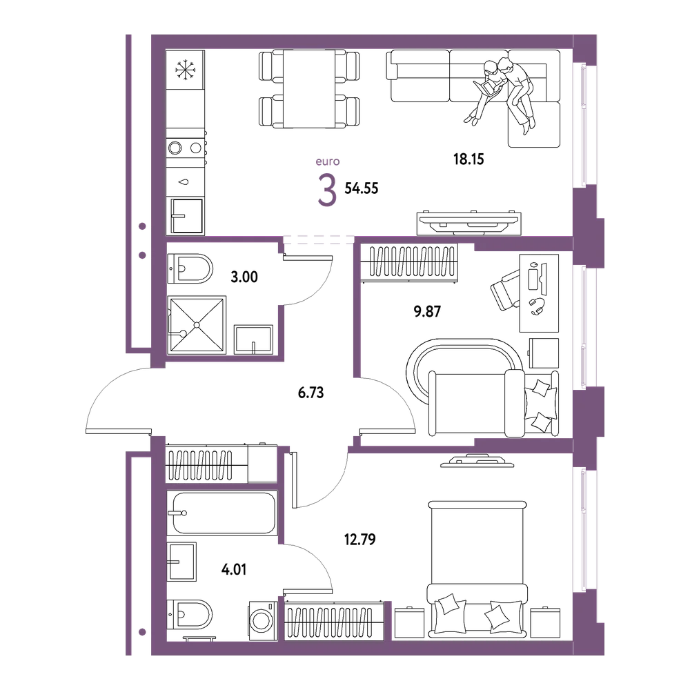Планировка: Евротрёшка 54,55 м²