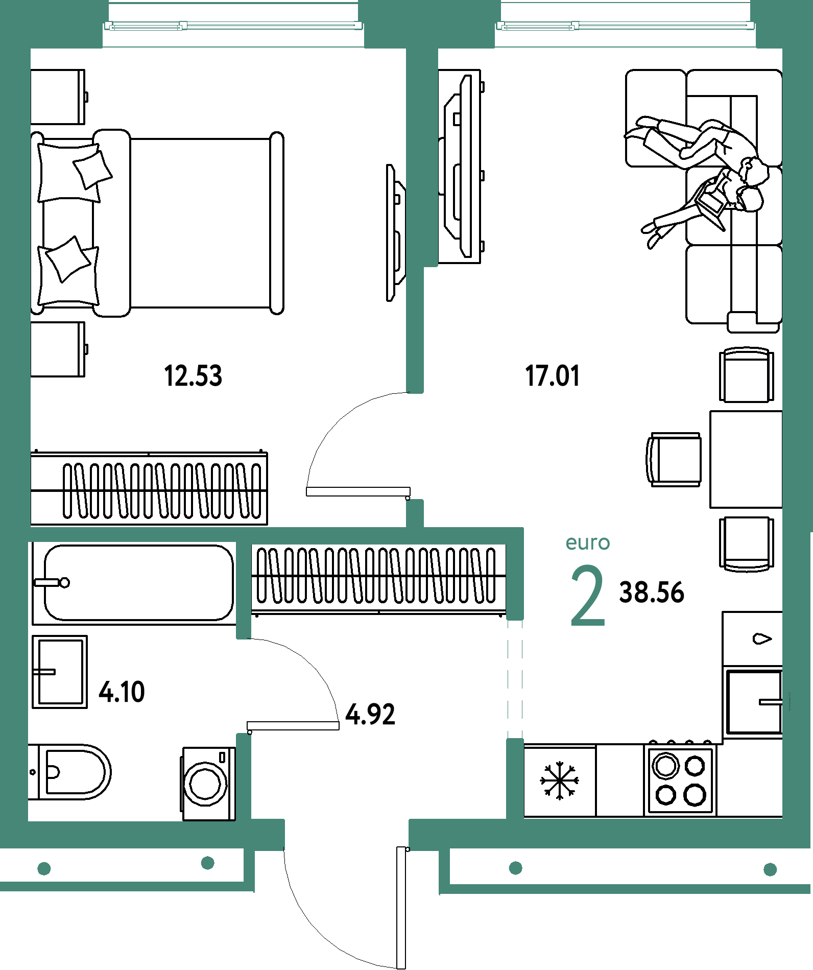 Планировка: Евродвушка 38,56 м² в ЖК «Домашний»