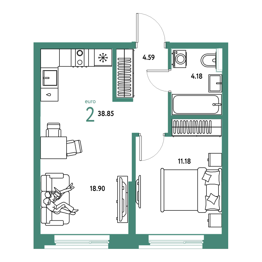 Планировка: Евродвушка 38,83 м²