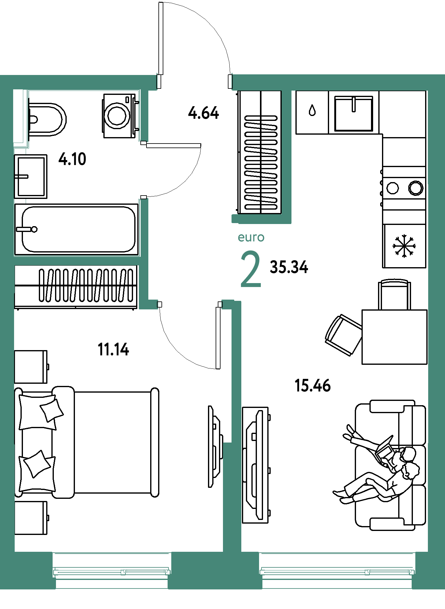Планировка: Евродвушка 35,41 м² в ЖК «Остров-сад»
