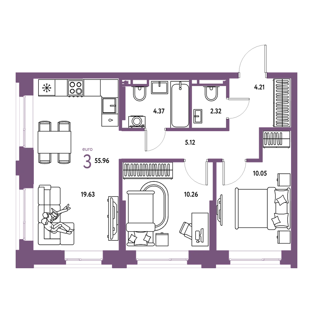 Планировка: Евротрёшка 55,96 м²