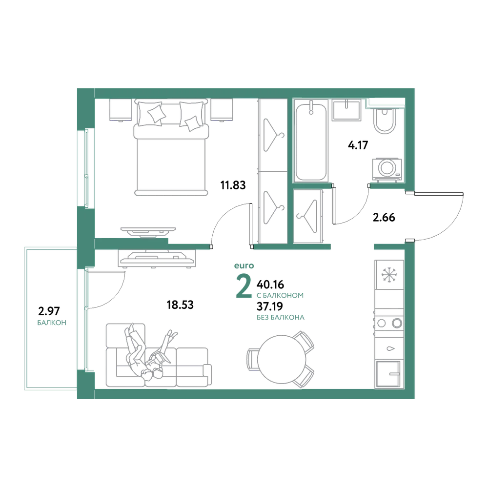 Планировка: Евродвушка 40,16 м²