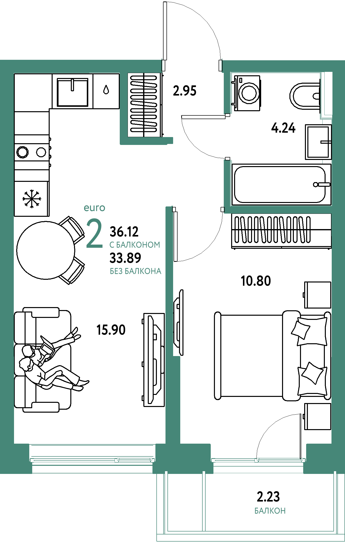 Планировка: Евродвушка 36,05 м² в ЖК «Остров-сад»