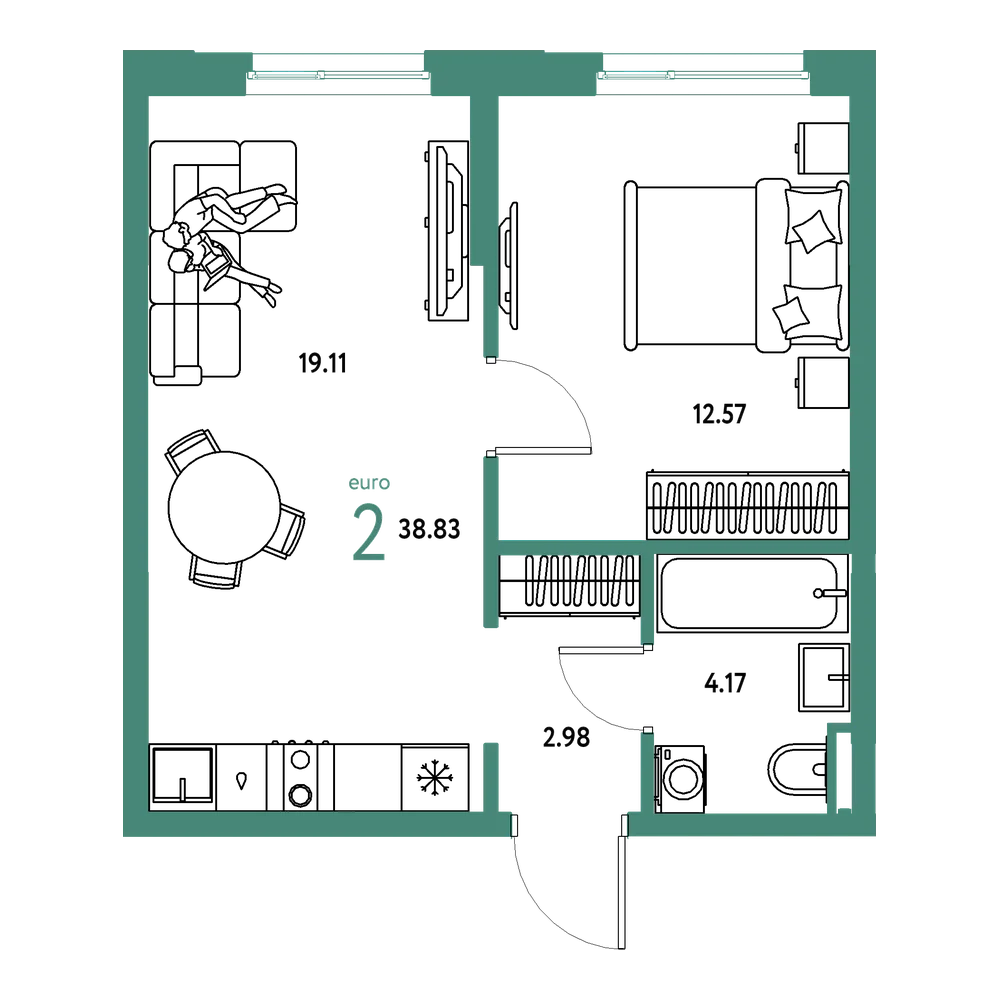Планировка: Евродвушка 38,83 м²