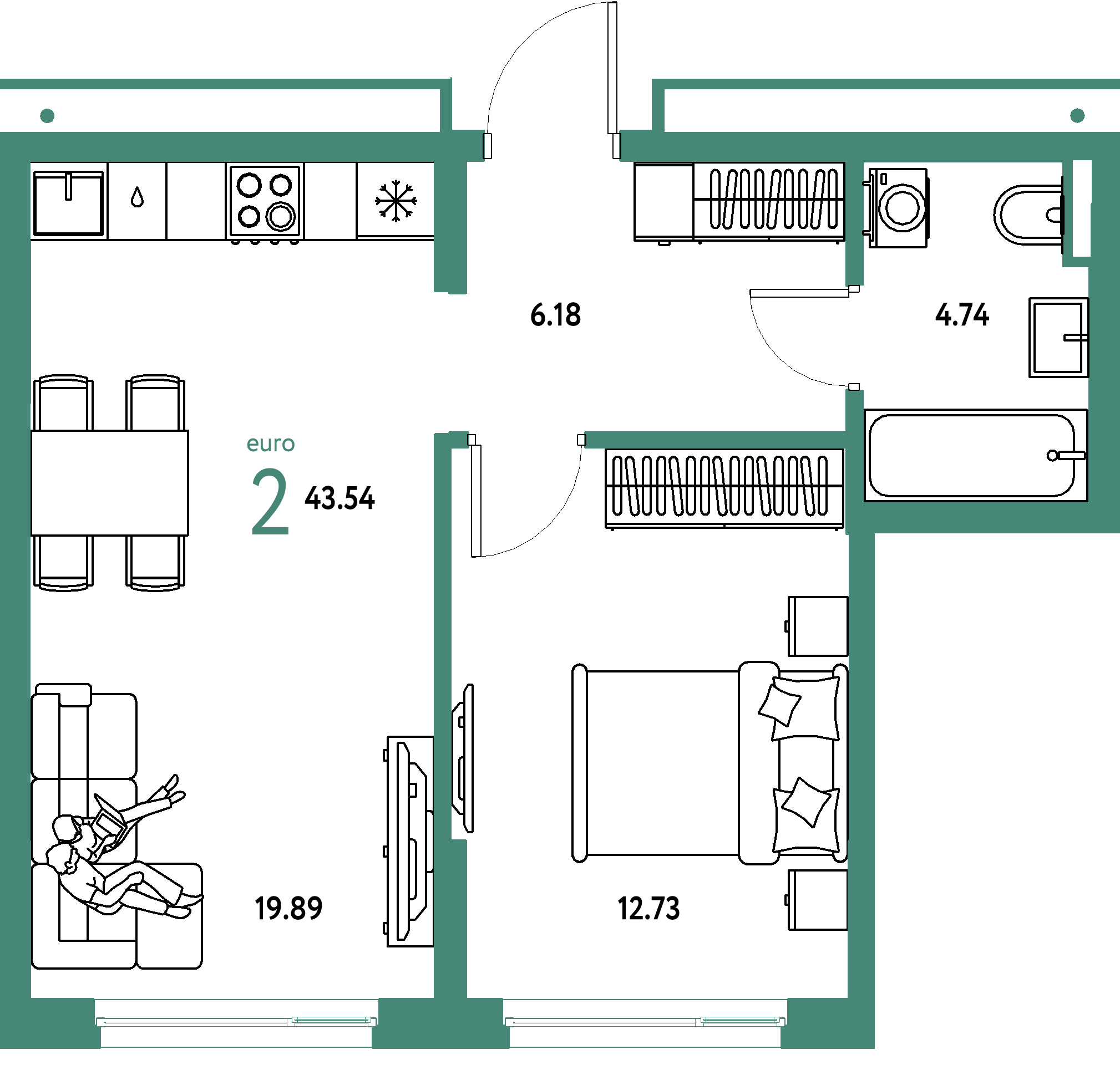 Планировка: Евродвушка 43,54 м² в ЖК «Страна.Прибрежная»