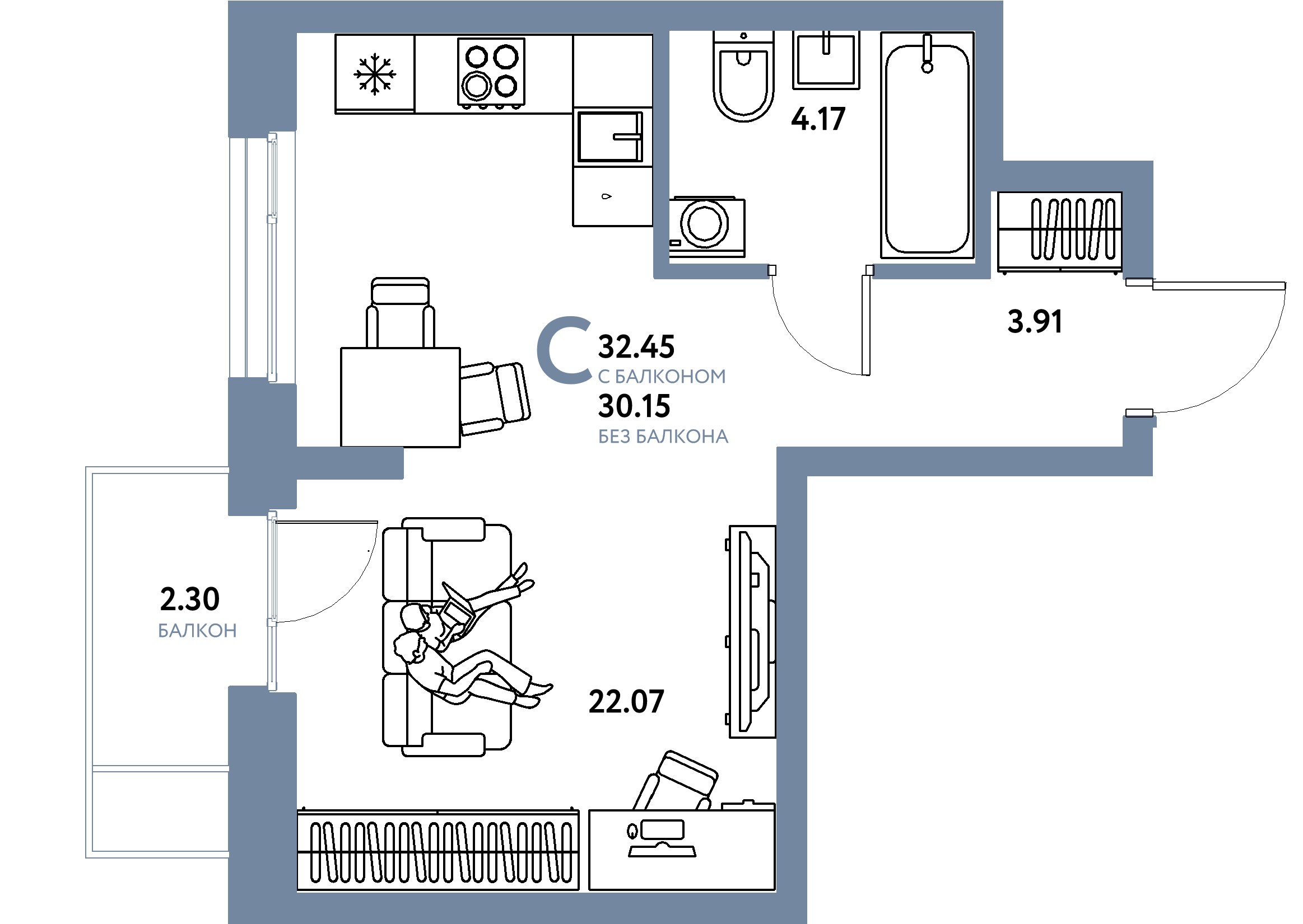 Планировка: Студия 32,45 м² в ЖК «Европейский берег 2.0»