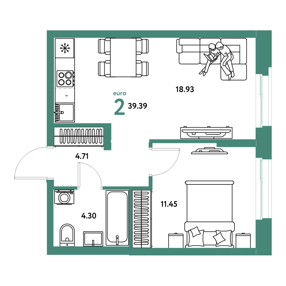 Планировка: Евродвушка 39,39 м²