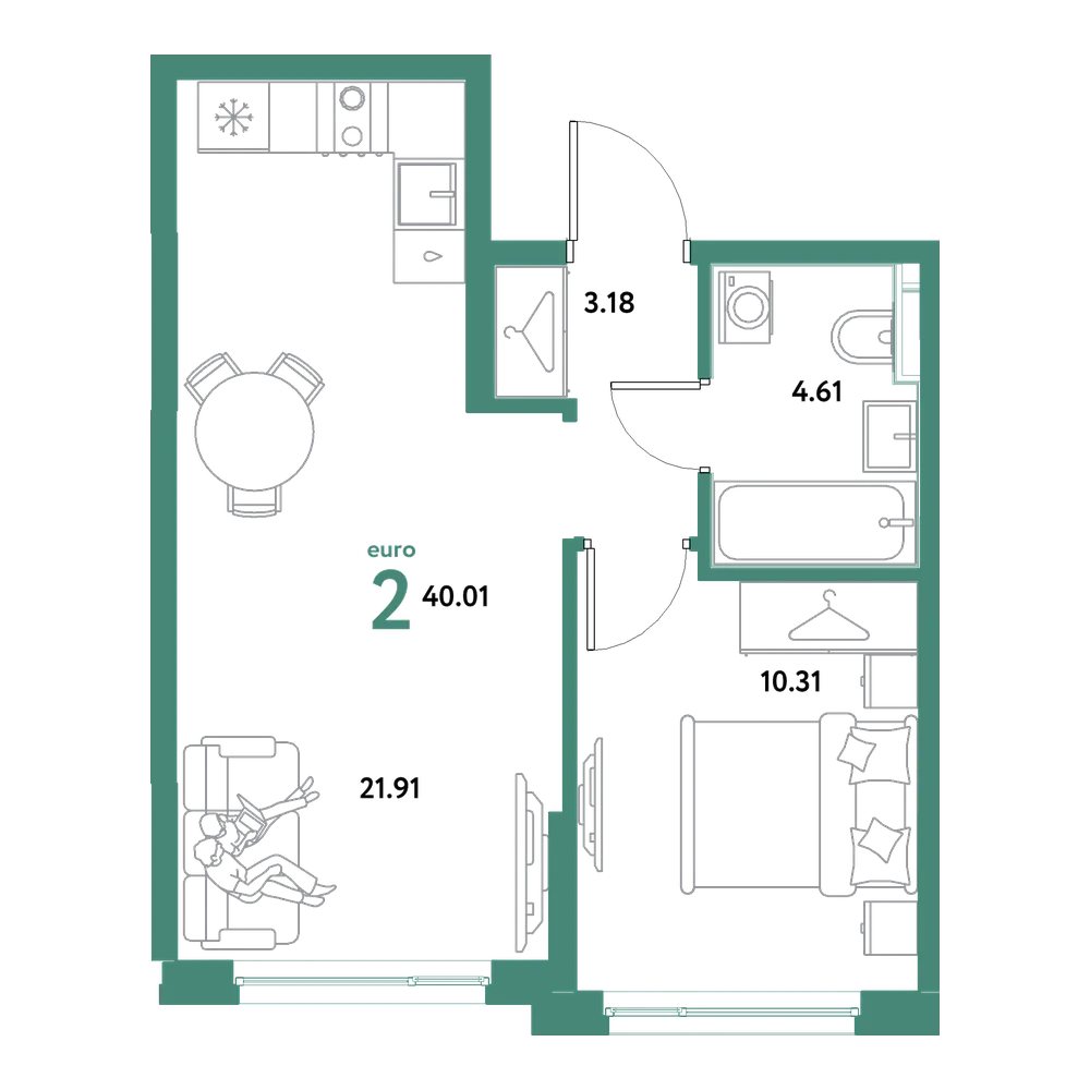 Планировка: Евродвушка 40,01 м²