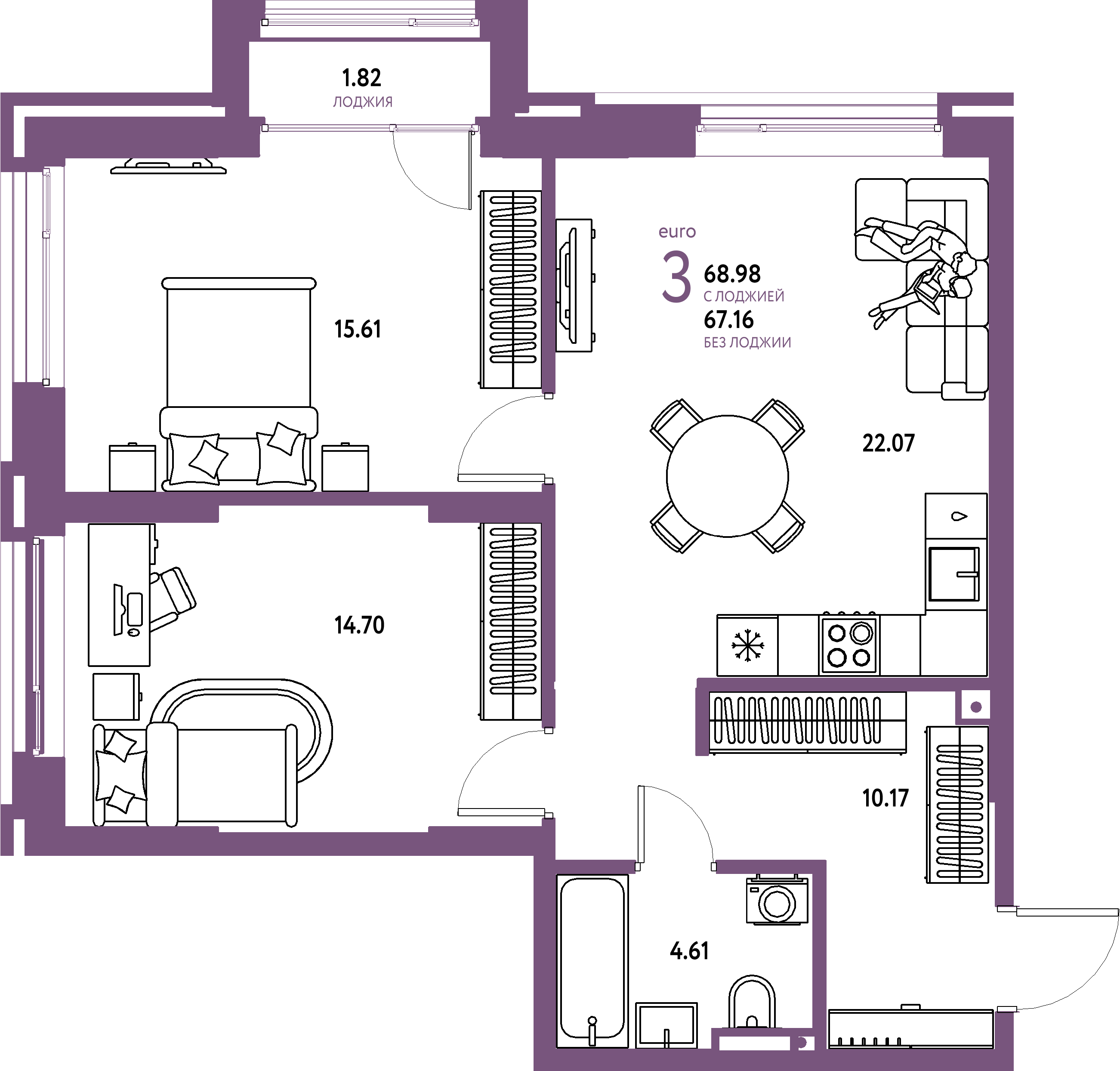 Планировка: Евротрёшка 68,98 м² в ЖК «Страна.Прибрежная»