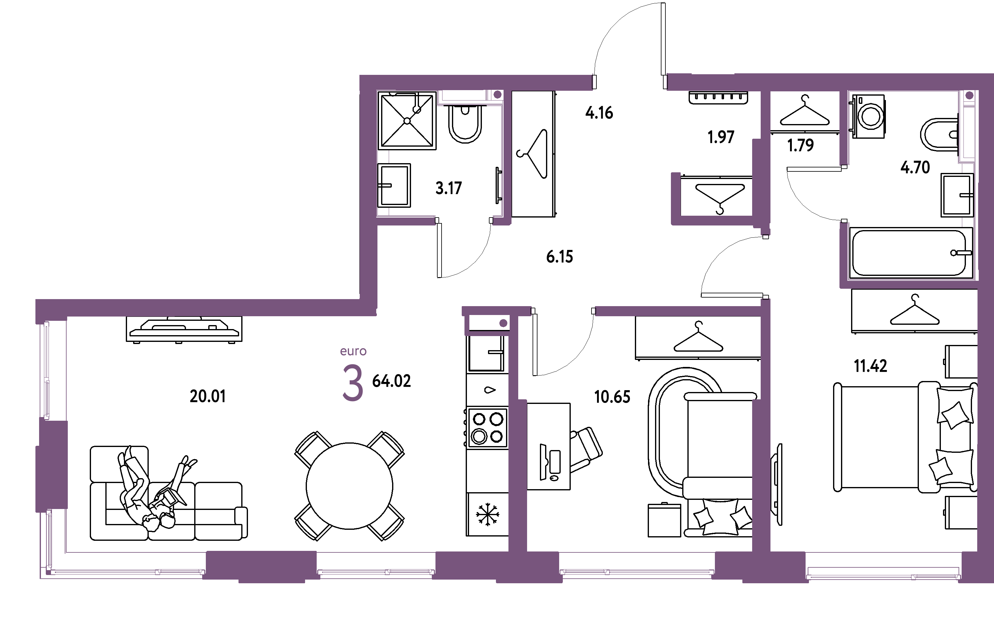 Планировка: Евротрёшка 64,02 м² в ЖК «Страна.Прибрежная»