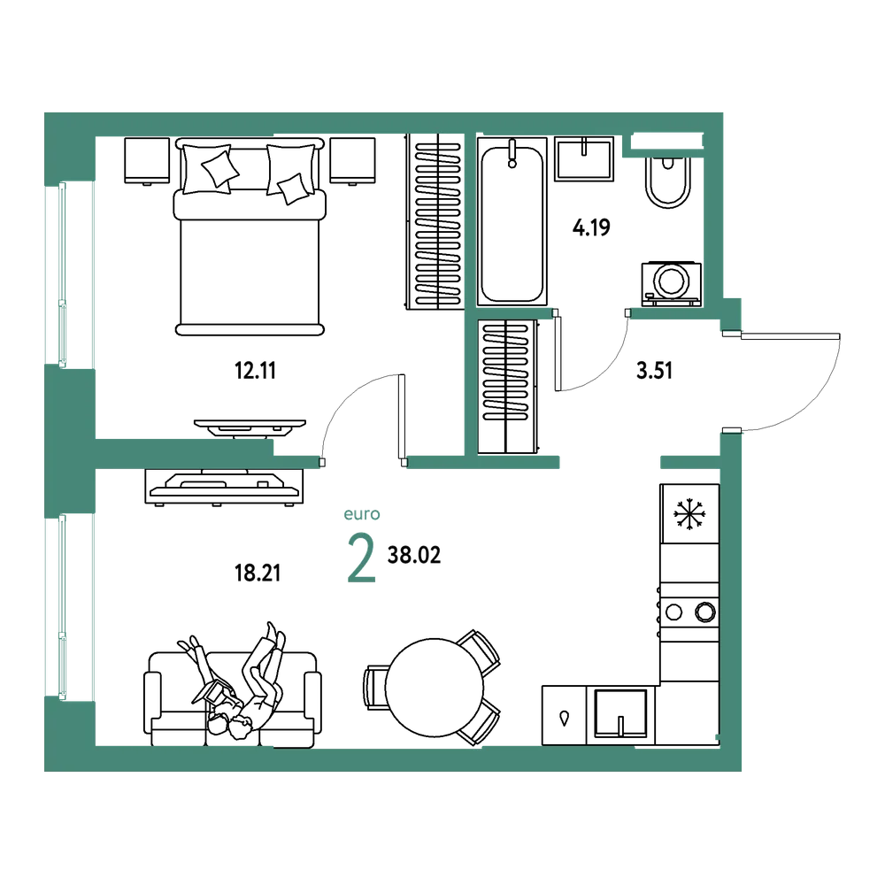 Планировка: Евродвушка 38,02 м²