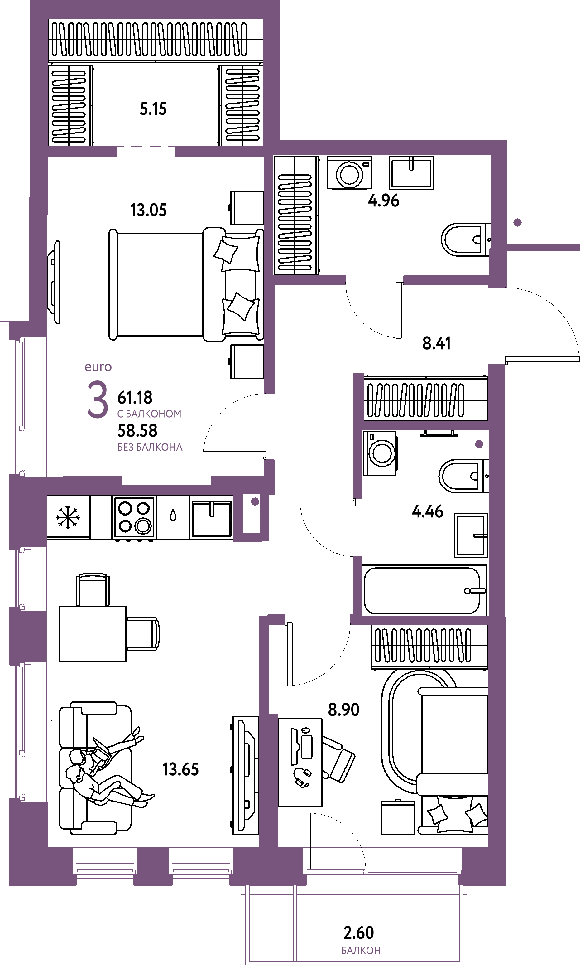 Планировка: Евротрёшка 61,18 м² в ЖК «Домашний»