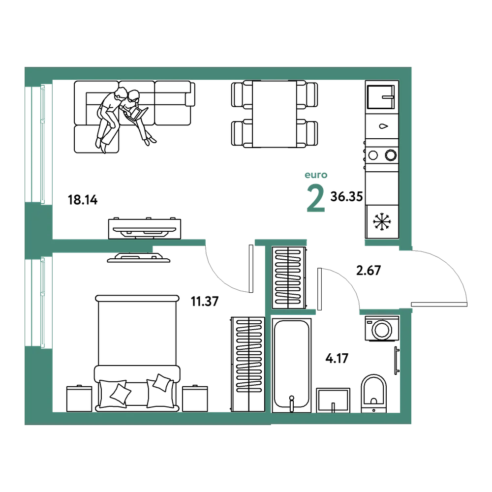 Планировка: Евродвушка 36,35 м²