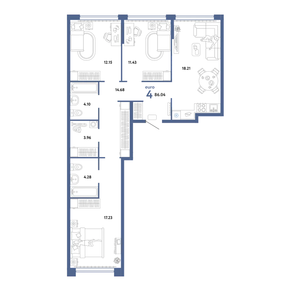 Планировка: Евро-4 86,04 м²
