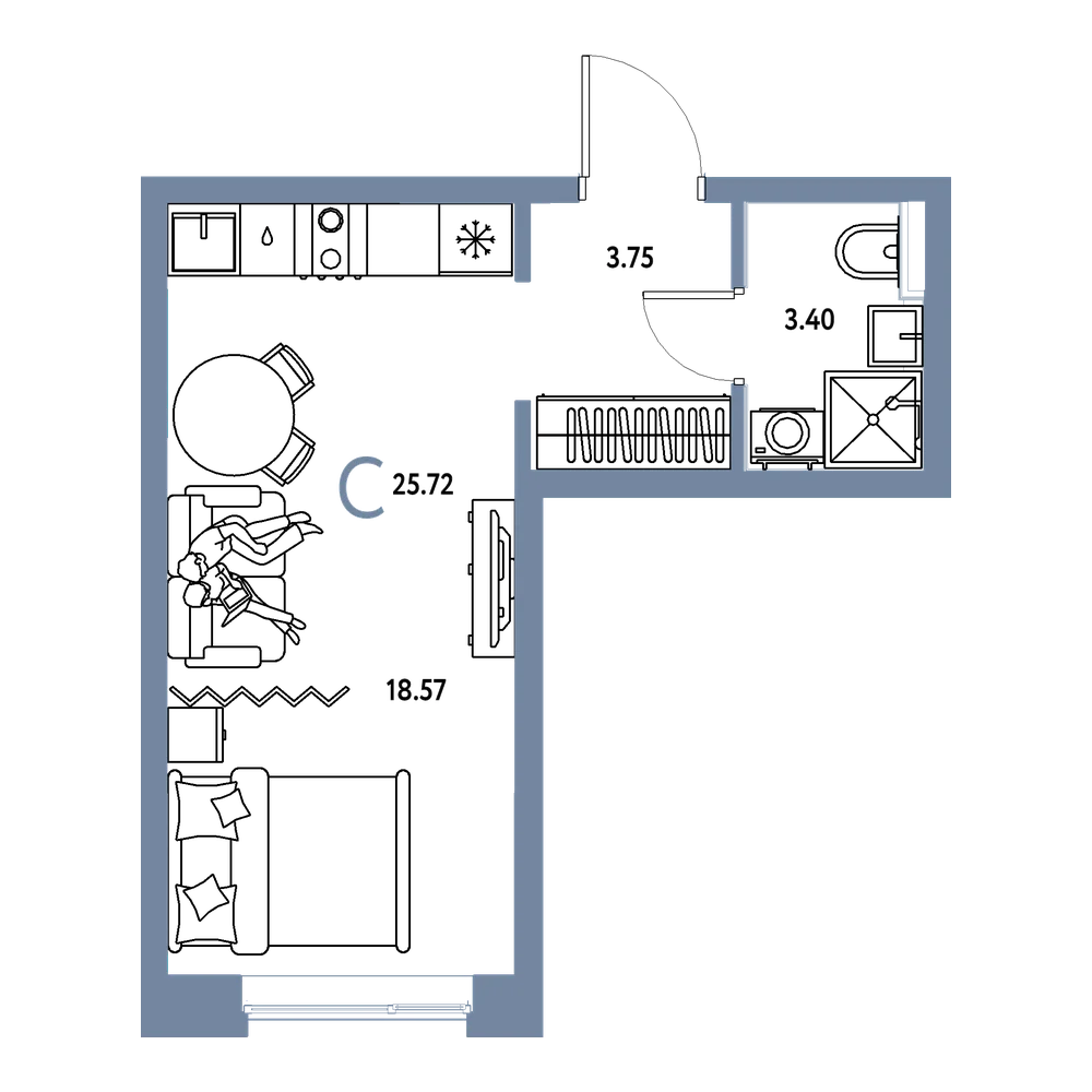 Планировка: Студия 25,72 м²