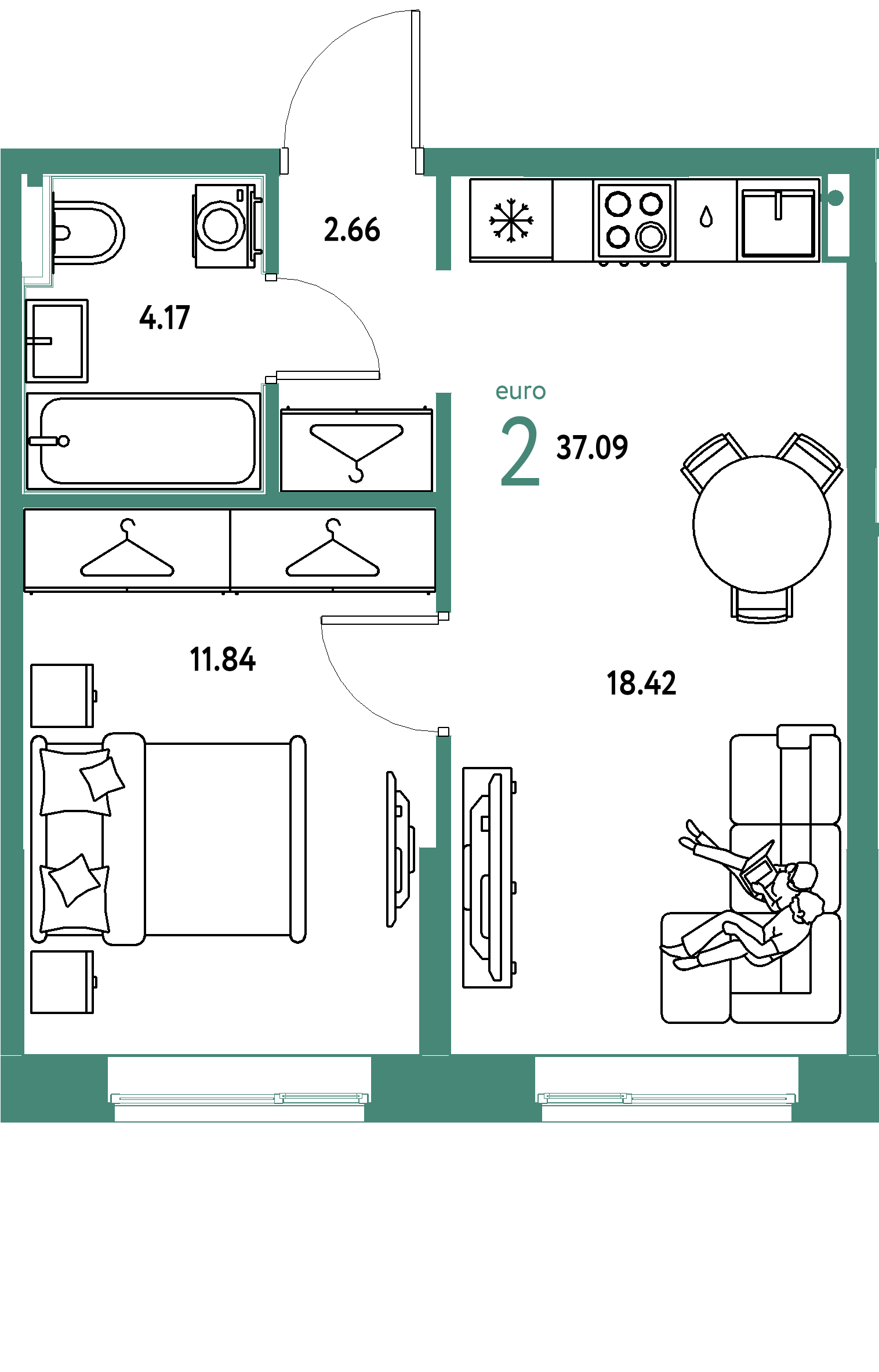 Планировка: Евродвушка 37,09 м² в ЖК «Европейский берег 2.0»