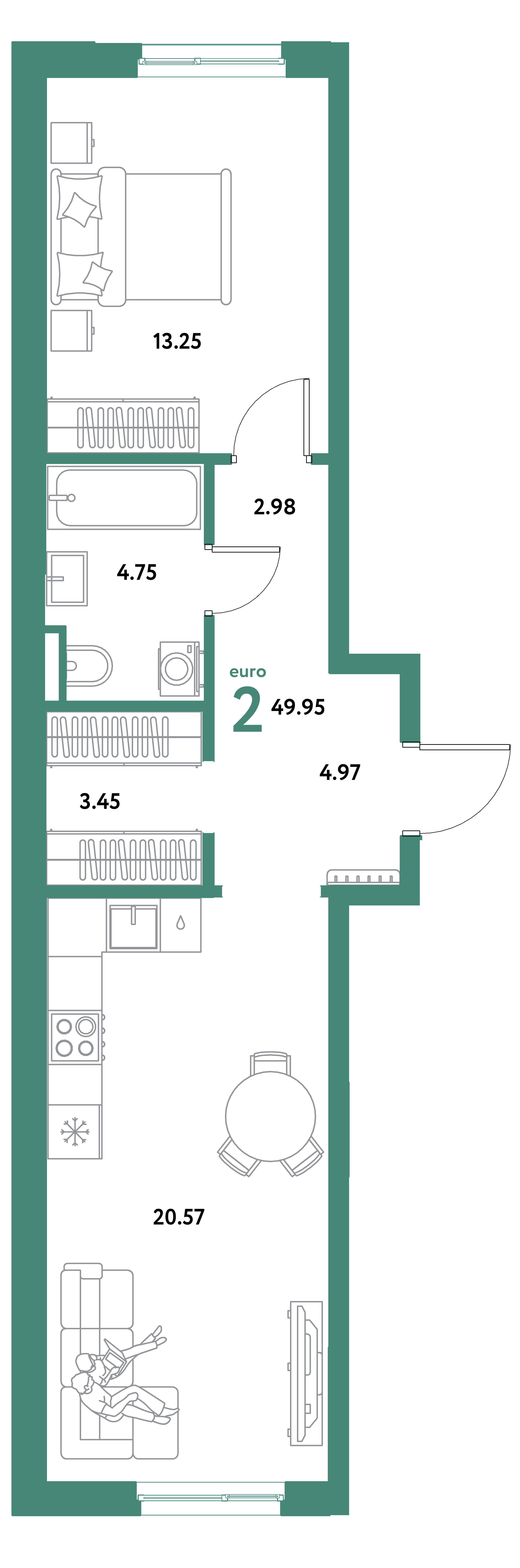 Планировка: Евродвушка 49,95 м² в ЖК «Остров-сад»