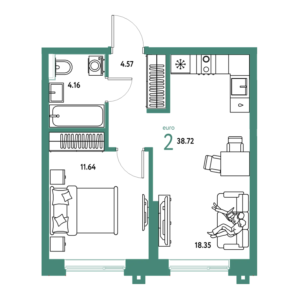 Планировка: Евродвушка 38,72 м²