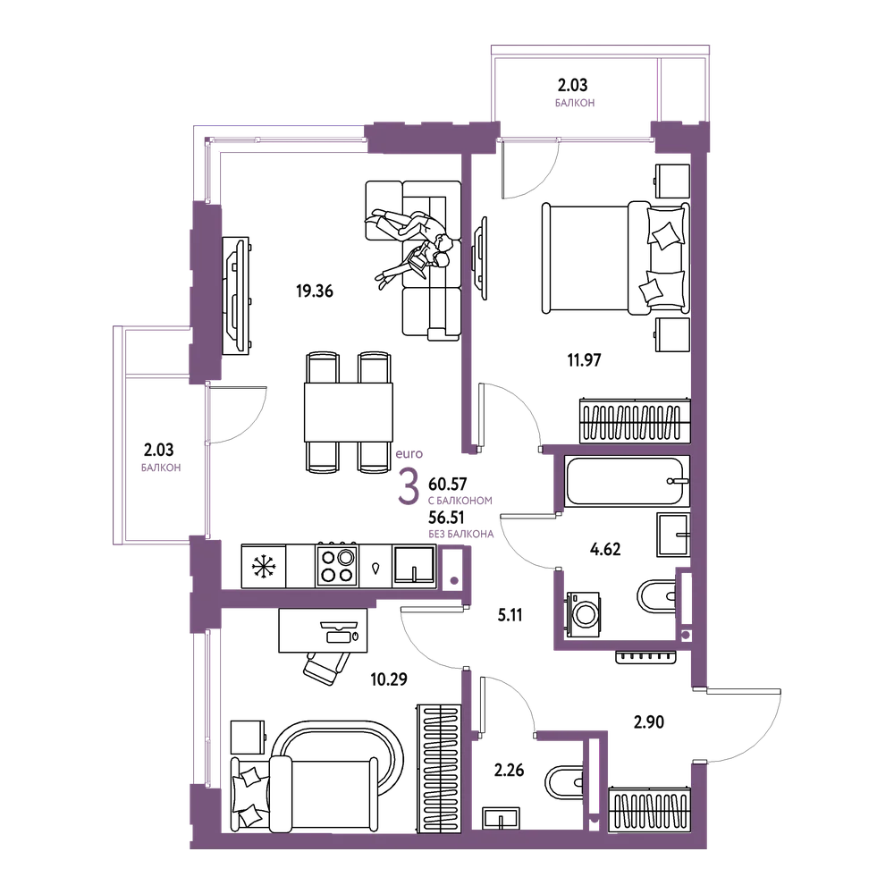 Планировка: Евротрёшка 60,57 м²