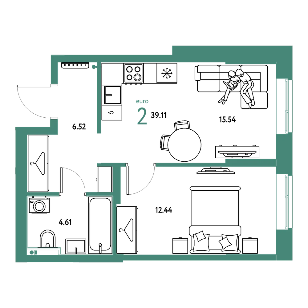 Планировка: Евродвушка 39,11 м²