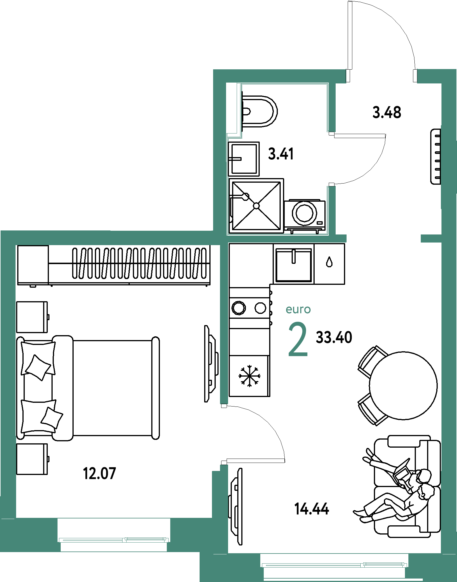 Планировка: Евродвушка 33,4 м² в ЖК «Домашний»