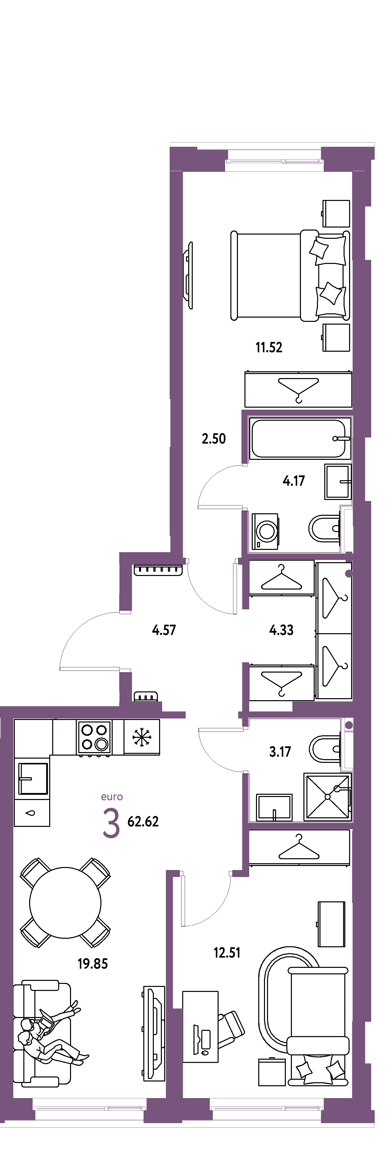 Планировка: Евротрёшка 62,62 м² в ЖК «Европейский берег 2.0»
