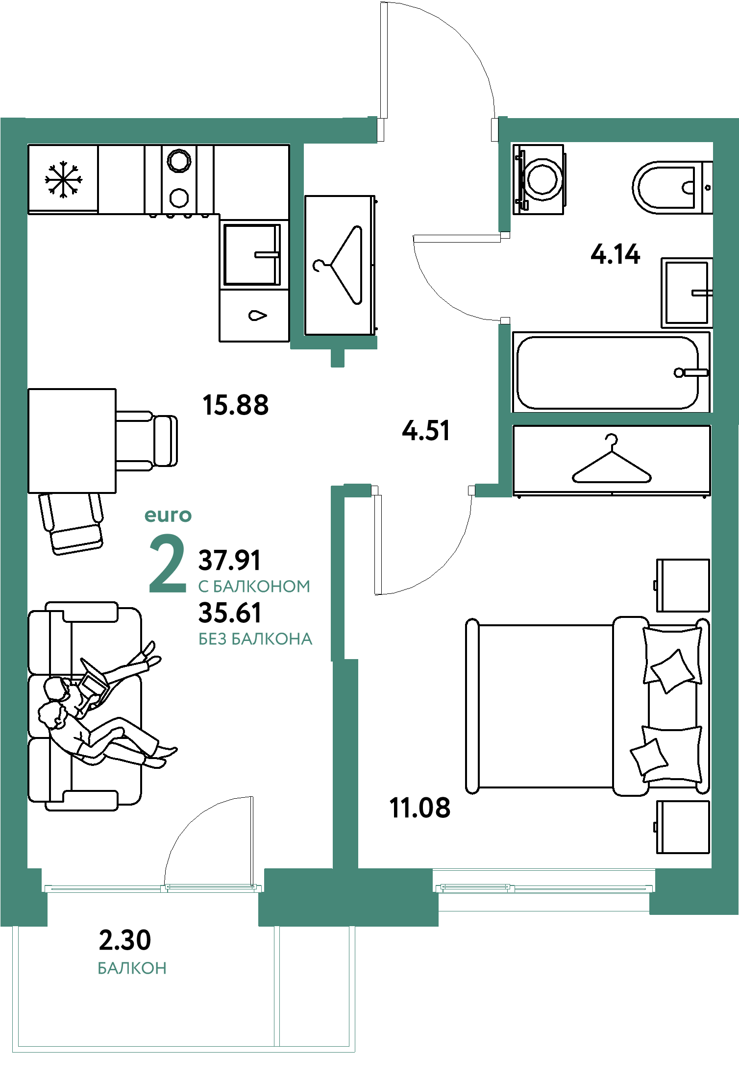 Планировка: Евродвушка 37,91 м² в ЖК «Европейский берег 2.0»