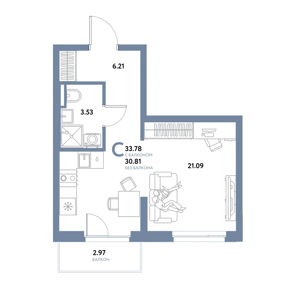 Планировка: Студия 33,78 м²