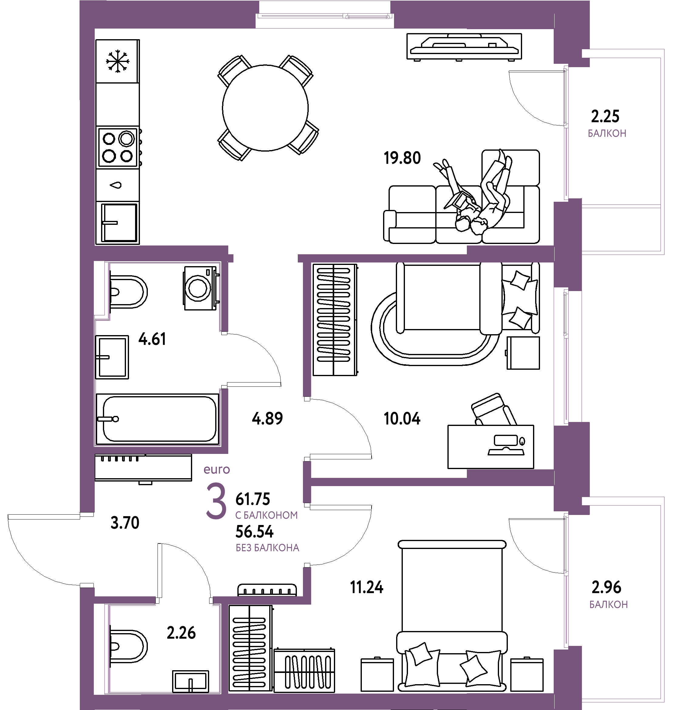 Планировка: Евротрёшка 61,26 м² в ЖК «Домашний»