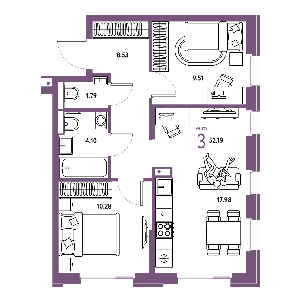 Планировка: Евротрёшка 52,19 м²