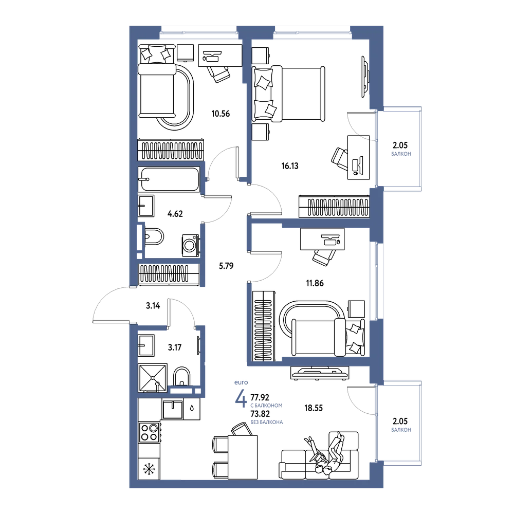 Планировка: Евро-4 77,92 м²