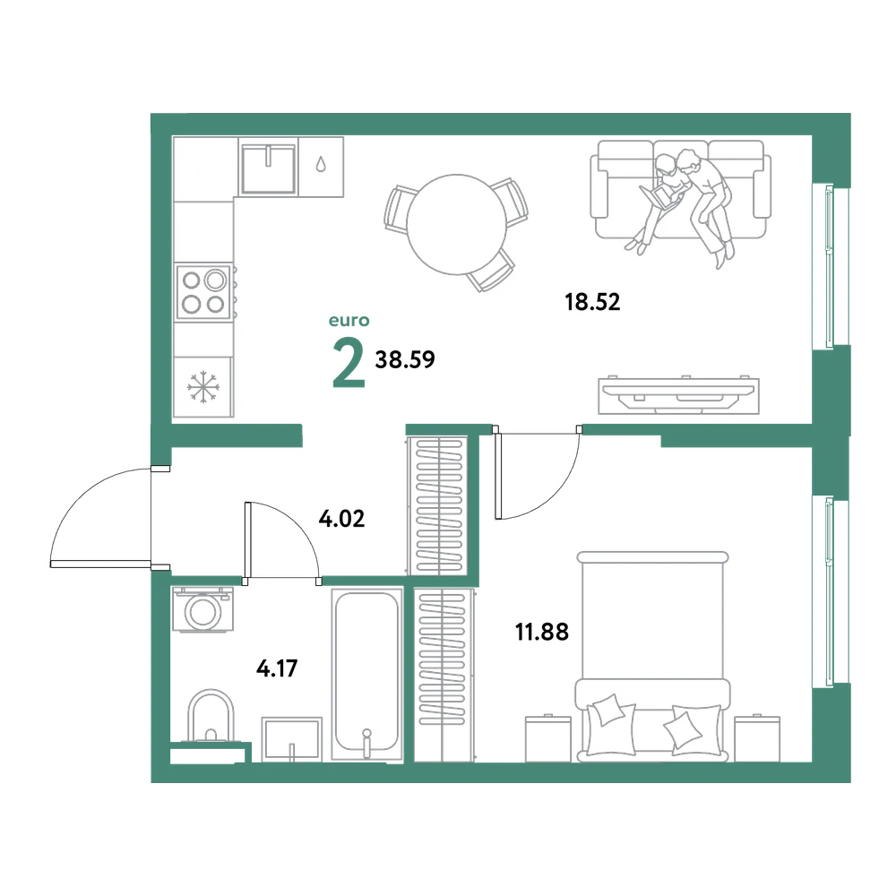 Планировка: Евродвушка 38,59 м²