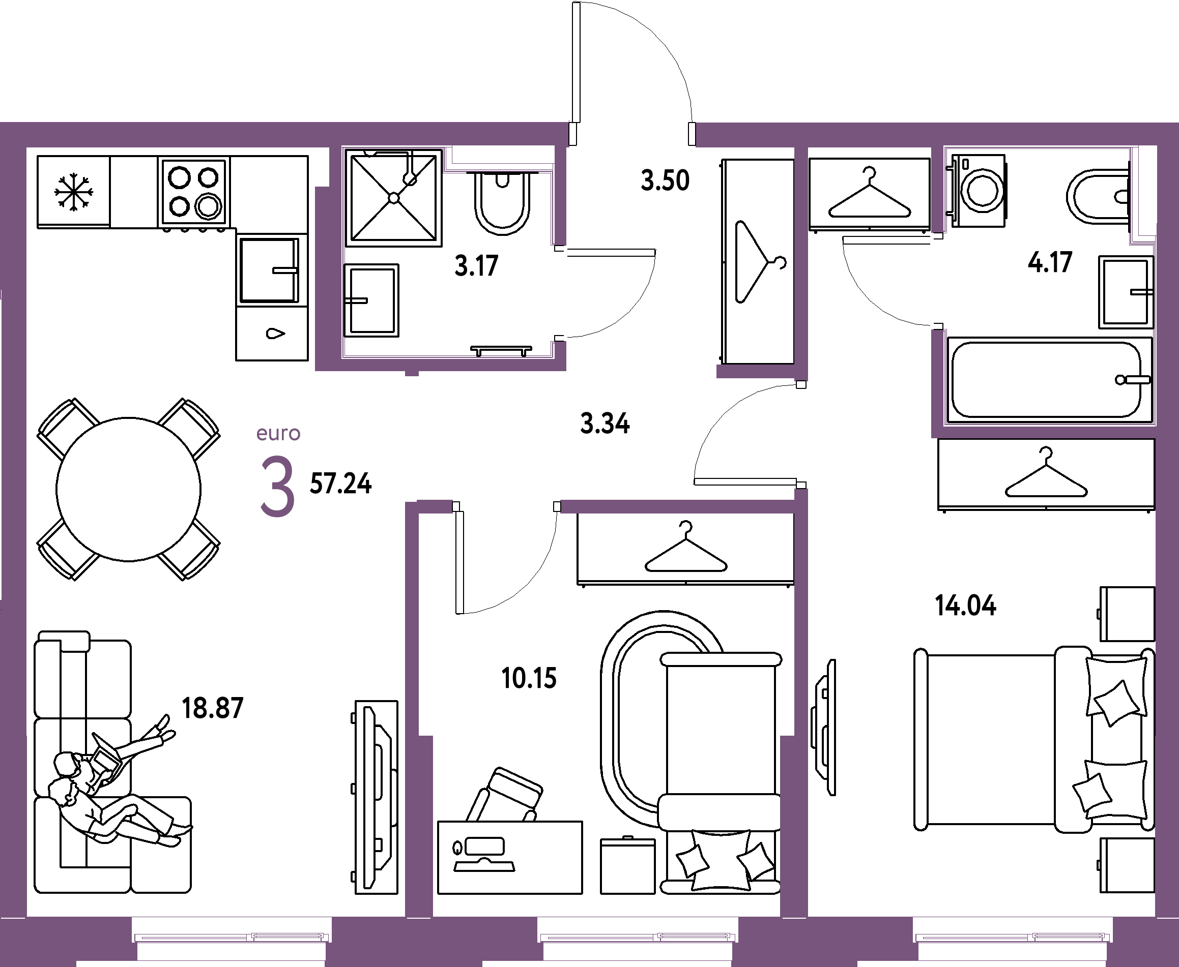 Планировка: Евротрёшка 57,24 м² в ЖК «Европейский берег 2.0»