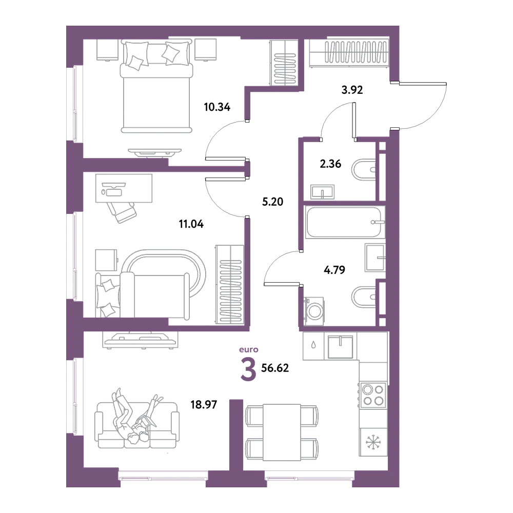 Планировка: Евротрёшка 56,62 м²