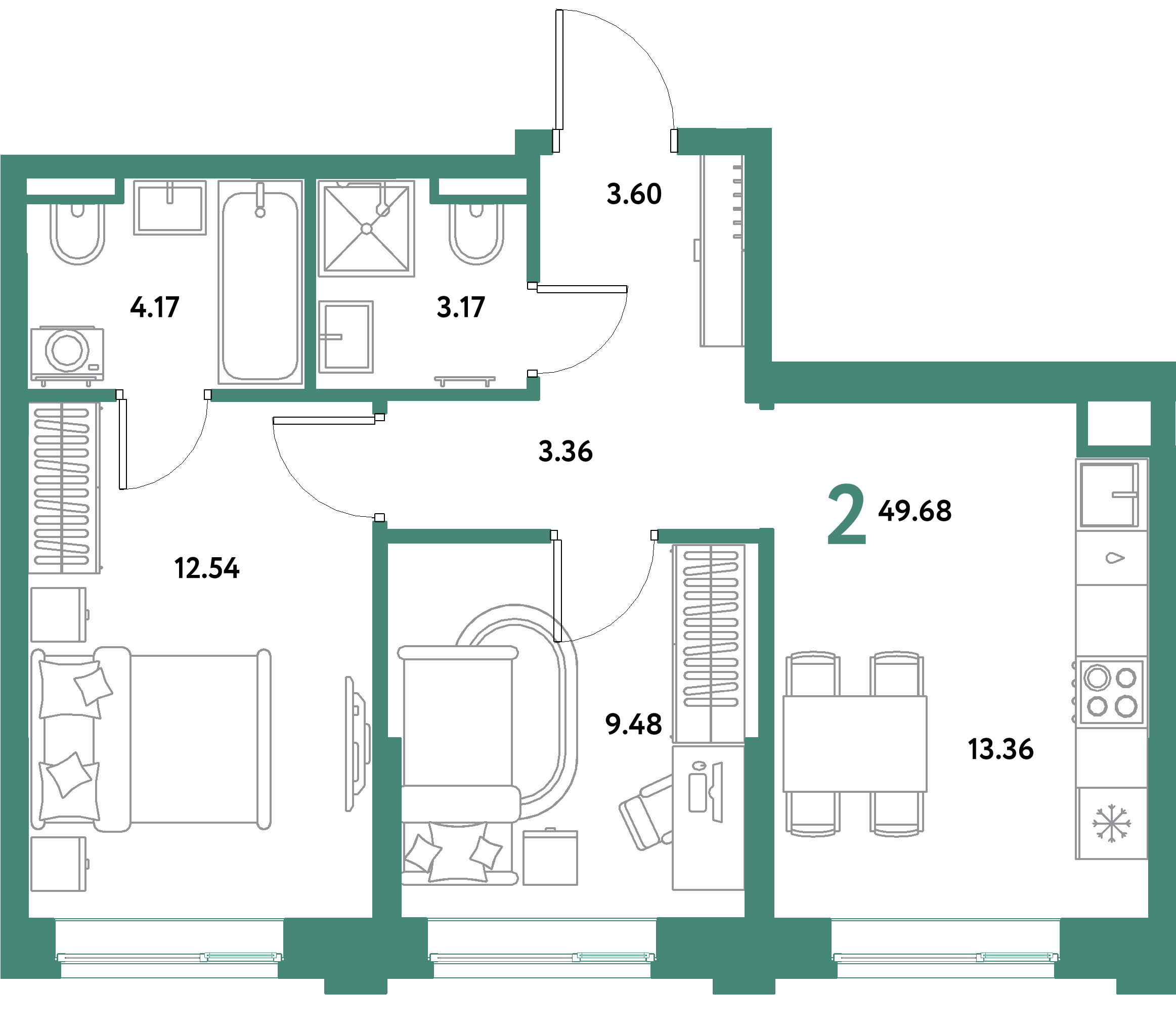 Планировка: 2-комнатная 49,68 м² в ЖК «Остров-сад»
