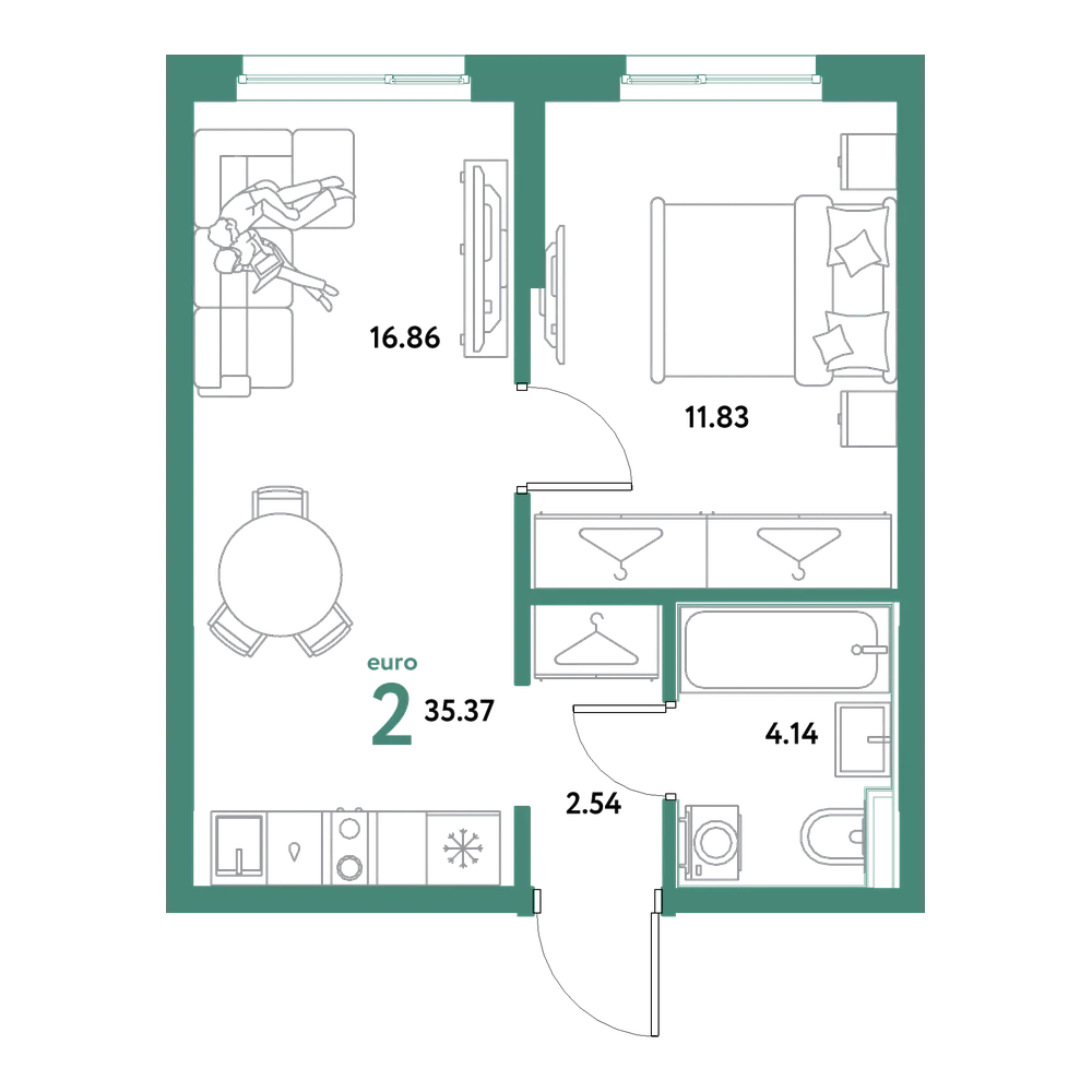 Планировка: Евродвушка 35,37 м²