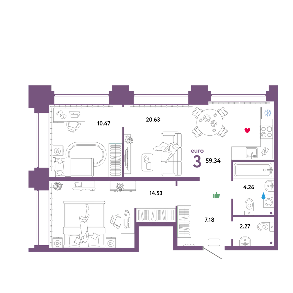 Планировка: Евротрёшка 59,34 м²